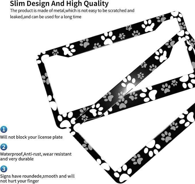 Paw Print License Plate Frame - 1 Pcs Personalized Black White Dog Paw Design License Plate Covers Aluminum Metal Novelty Auto Car Tag Holder with 2 Holes Equipped with Screws