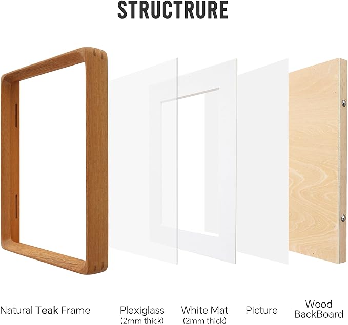 Natural Picture Frame,Display Picture 5x7 with Mat or 6x8 Without Mat,by Plexiglass,Teak Wood Photo Frame, Wall or Tabletop Decor Display