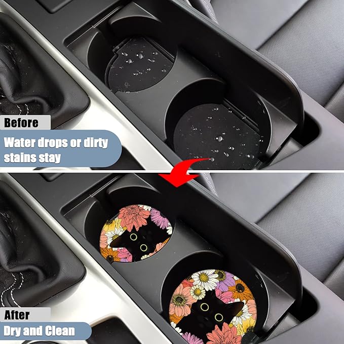 Car Cup Holder Coaster - Black Cat Flower Absorbent Ceramic Coaster 2 Pack, Car Coasters for Cup Holders, Fashion Car Interior Accessories Drink Coaster for Women & Men