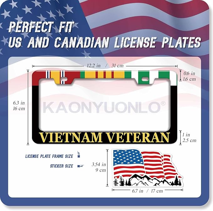 1PCS Vietnam Veteran License Plate Frame Holder - USA Stars and Stripes Auto Universal Aluminum Matte Car Tag Holder Covers with Sticker & Screws for Men