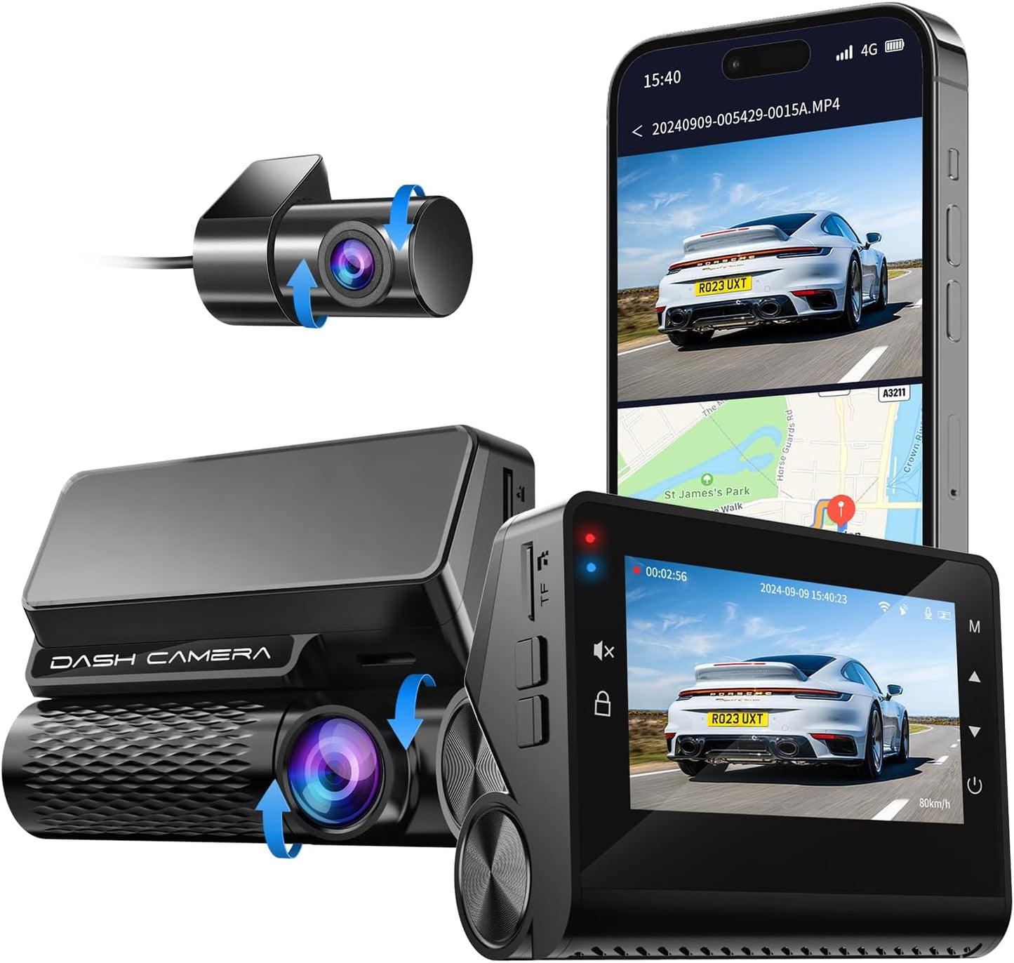 4K Dash Cam Front and Rear, 30FPS Dash Camera for Cars with UHD 2160P Night Vision, 3'' IPS Screen Dual Dashcam Built-in WiFi with GPS, App Control, 24H Parking Mode, G-Sensor