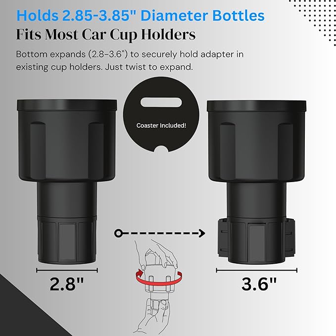 [Patented & Upgraded] Car Cup Holder Expander - Adapter Holds: Hydro-Flask, Yeti, Nalgene, Owala, Large (32 40 oz) Water Bottles - Adjustable Expandable Insert Extender ??Universal