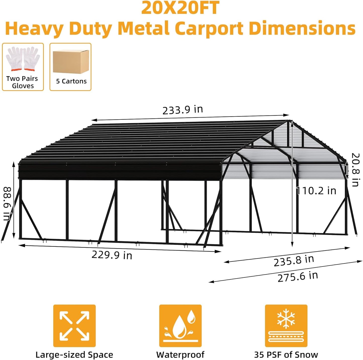20' x 20' Heavy Duty Metal Carport with Galvanized Steel Roof, Metal Roof Carport with Enhanced Base, Tall MetalCarport Kits Garage for Tractors, Pickup, Boat, Car