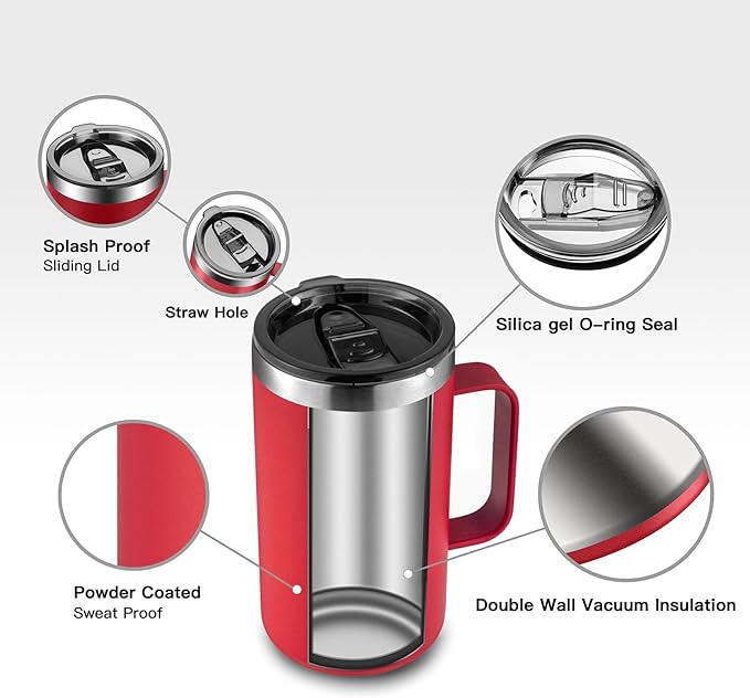 KXIAOCHEN 20oz Insulated Coffee Mug with Lid, Stainless Steel Coffee Cup, Double Wall Vacuum Coffee Tumbler with Handle, Premium Thermal Travel Coffee Mug (Red Emerald 2Pack)