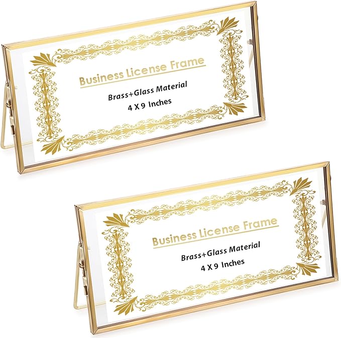 JUXYES 2 Pack Tabletop Business License Frame Brass License Certificate Display Frame, Double Glass Floating Diploma Frames, Desktop Golden Graduation Frames for 4x9 and 3.5x8.5 Certificate Business
