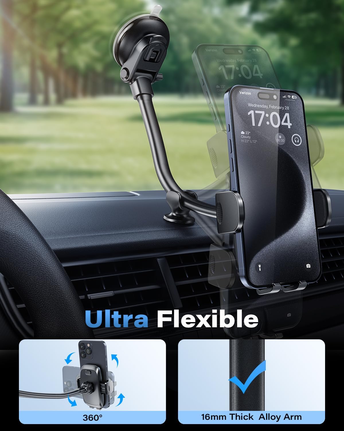 1Zero Solid Car Truck Phone Mount Holder with Thick Gooseneck Long Arm, Windshield Window Mobile Holders w/Industrial-Strength Suction Cup, Anti-Shake Stabilizer Compatible All Cell Phones, Black