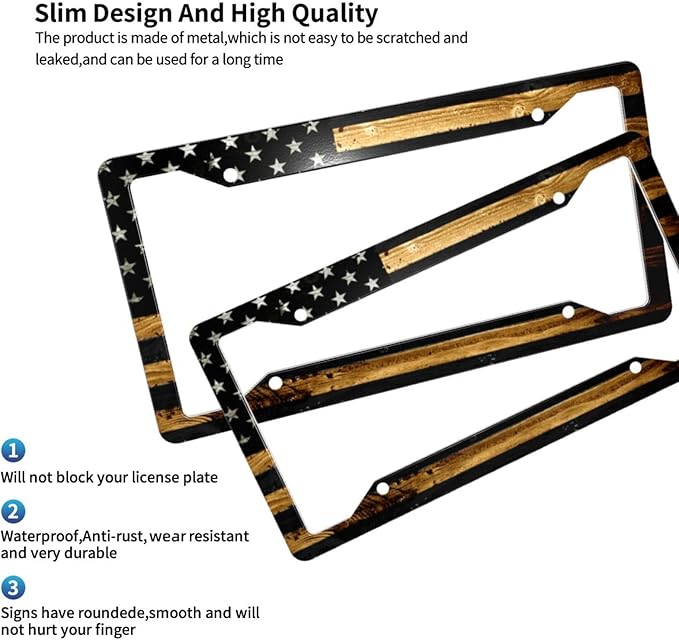 License Plate Frame 2 Pack Front Rear Aluminum Metal Rust-Proof Universal Car Tag Frames Holder with 4 Holes Car Decor Accessory with Screws for Men Women - Wood American Flag