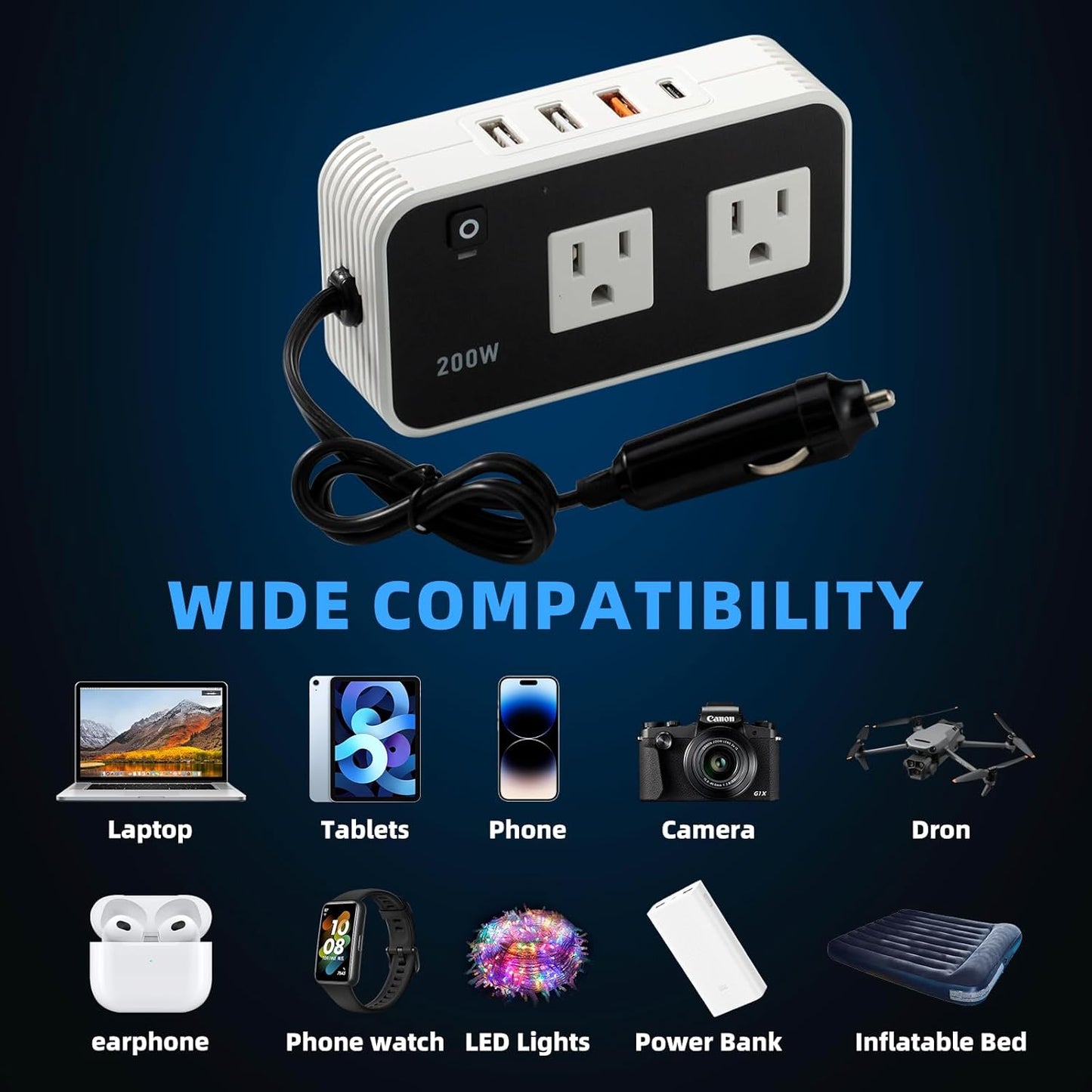 200w Automotive Power Inverter, 5v Dc to 110v Ac Automotive Converter, Automotive Adapter Plug Socket, 3 USB Ports, 1 Tep-C Port, Car Laptop Charger