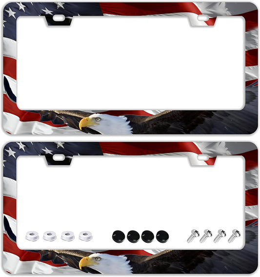 American Flag Eagle License Plate Frames - 2 Pcs Set 2 Holes Stainless Steel Metal Auto Car Accessories Decoration License Plate Frame Cover Size 6.3" x 12.2" Fit US Vehicles for Women Men Gift