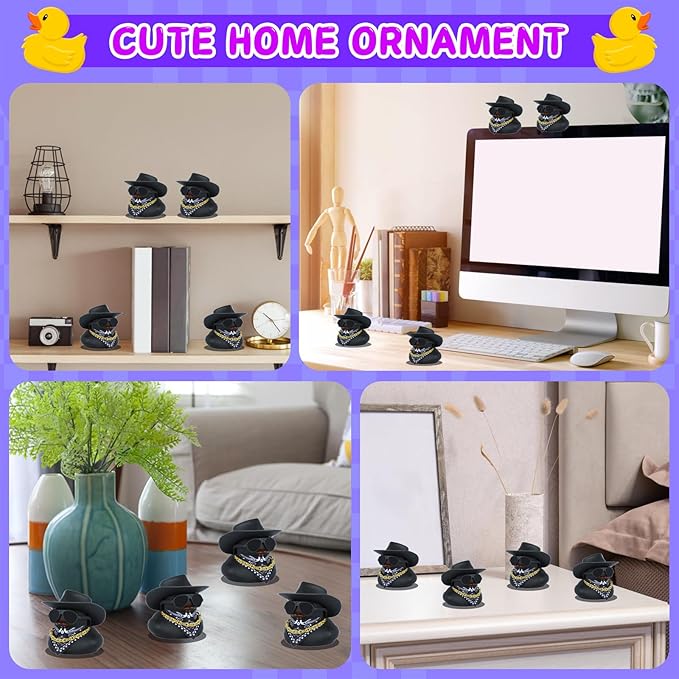Black Cowboy Hat Rubber Duck for Car Dashboard & Home Decor - Mini Funny Rubber Ducks with Gold Chain, Sunglasses, Scarf & Hat Unique Duck Accessories Gift for Adults