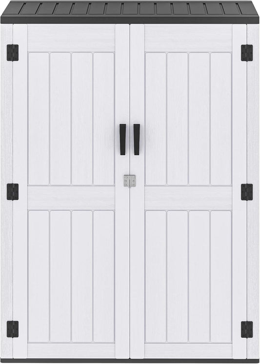 DWVO 59 Cu. Ft. Vertical Storage Shed, Weatherproof Outdoor Tall Cabinet with Double-Wall Panels and Floor, Lockable Resin Shed for Garden, Garage, Patio, Light Gray (Shelves Not Included)