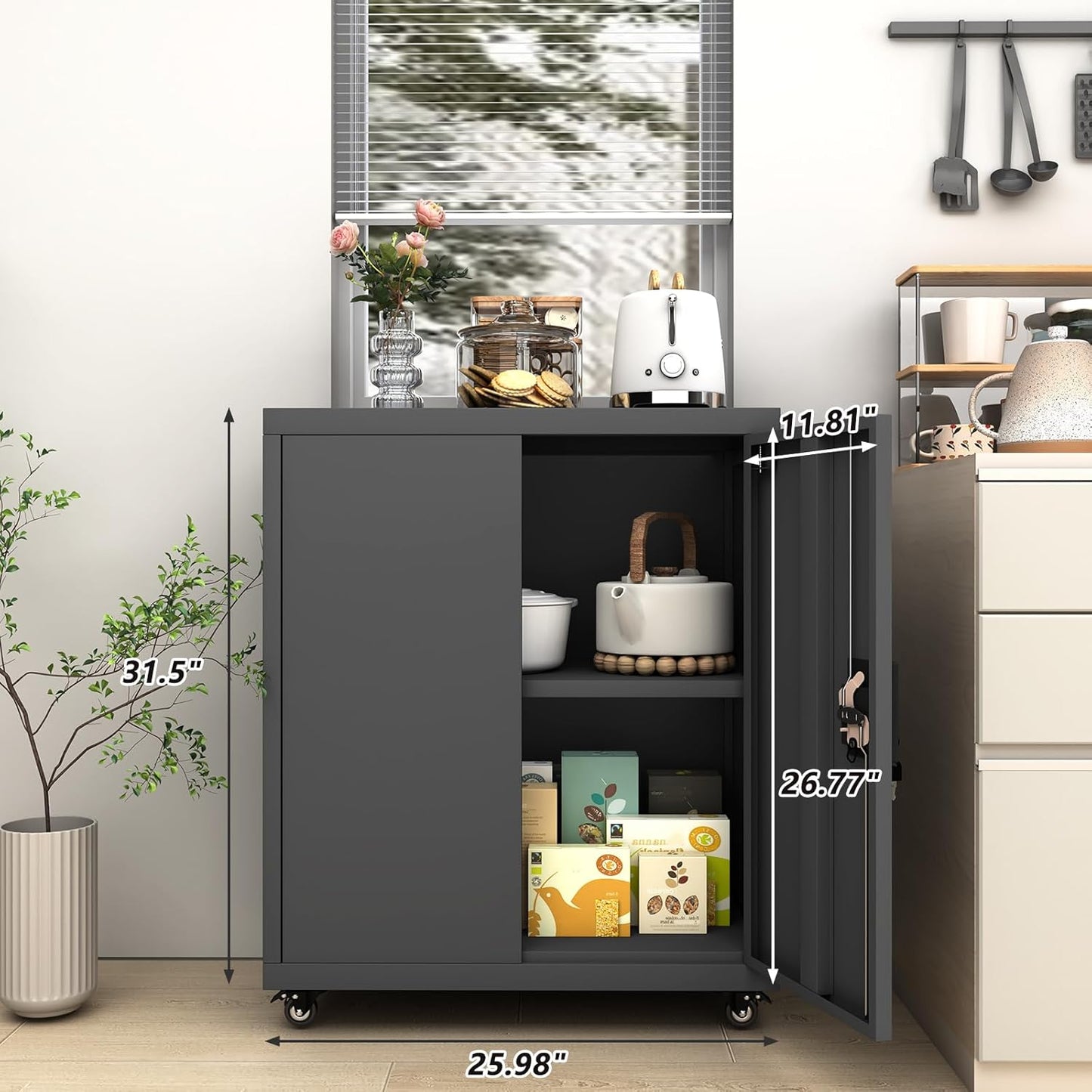 GREATMEET 31.5" H Metal Garage Storage Cabinet with Wheels, Lockable Garage Storage Cabinet with Adjustable Shelves for Home, Office,Kitchen