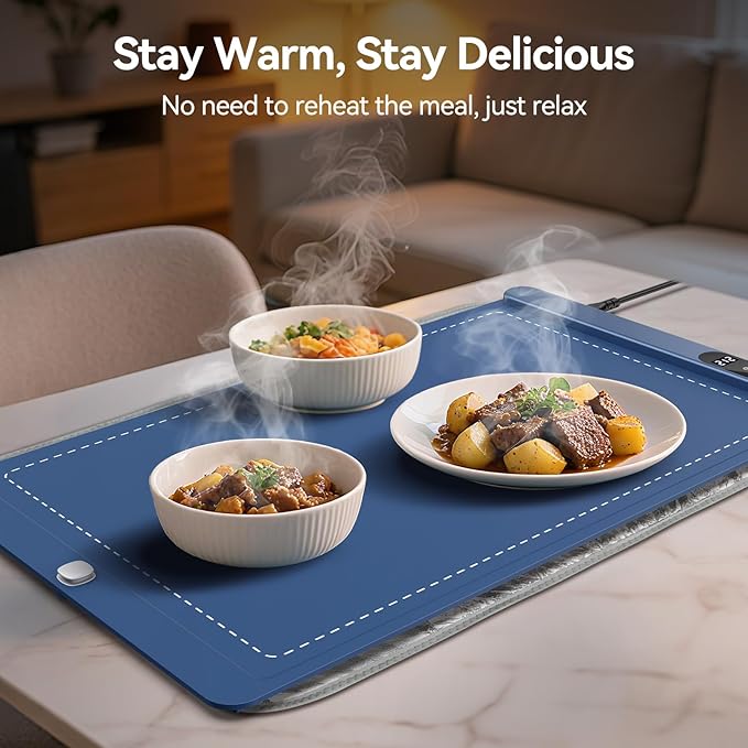 Warming Mat for Food, Silicone Heating Mat with 6 Temperature Levels, Fast Full Surface Heating, Portable Roll Up Electric Warming Tray with Heat-Resistant Pad, Heat Pad for Buffet Parties, Blue