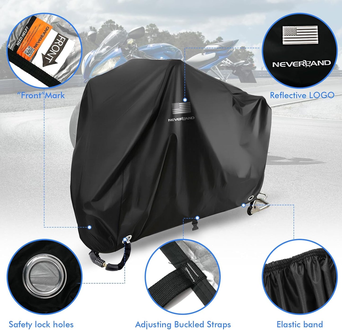 NEVERLAND Motorcycle Cover Waterproof Outdoor - Black Heavy Duty Scooter Cover, Motorbike Cover with Refletive Logo, Lock-Hole, Bandage, Storage Bag-Protect Against Dust, Debris, Rain and Weather(L)