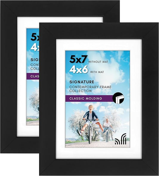 Americanflat 5x7 Picture Frame in Black Set of 2 - Displays 4x6 With Mat and 5x7 Without Mat - Composite Wood with Shatter Resistant Glass - Horizontal and Vertical Formats for Wall and Tabletop
