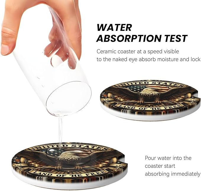 ABLESKY Car Coasters for Cup Holders, 2 Pack Absorbent Anti Slip Car Cup Holder Coasters, 2.56 Inch Ceramic Universal Size Auto Interior Accessories Women Men-Patriotic Bald Eagle USA Flag