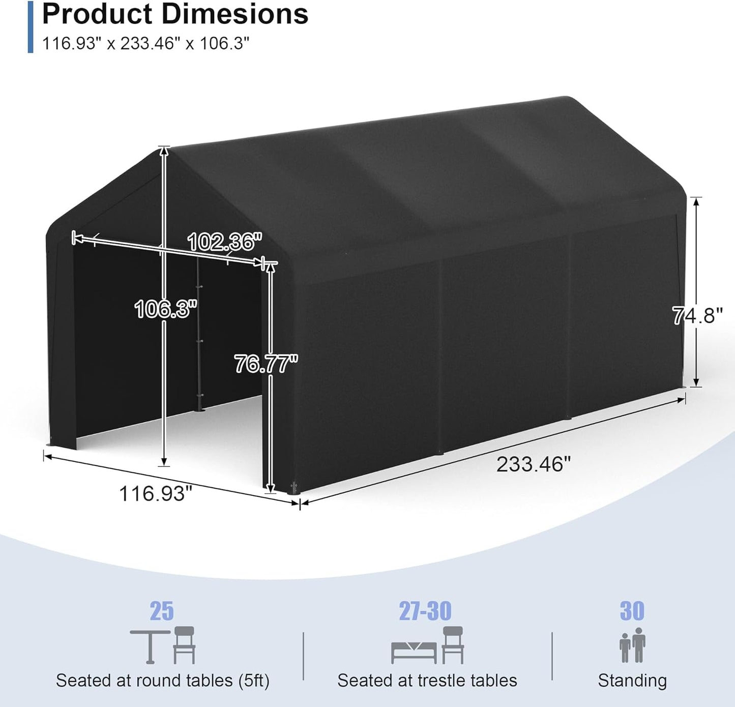 Carport, 10‘ x 20’ Heavy Duty Portable Garage All-Season Car Canopy w/Removable Sidewall & Doors, Carport Canopy Party Tent w/Water-Resistant Tarp for Backyard (Black, 10‘ x 20’)