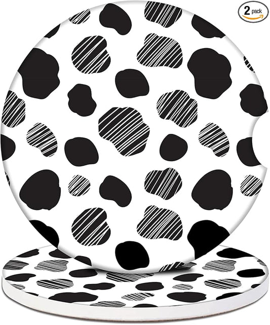 Car Cup Holder Coaster - Black White Cow Skin Absorbent Ceramic Coaster 2 Pack, Car Coasters for Cup Holders, Fashion Car Interior Accessories Drink Coaster for Women & Men