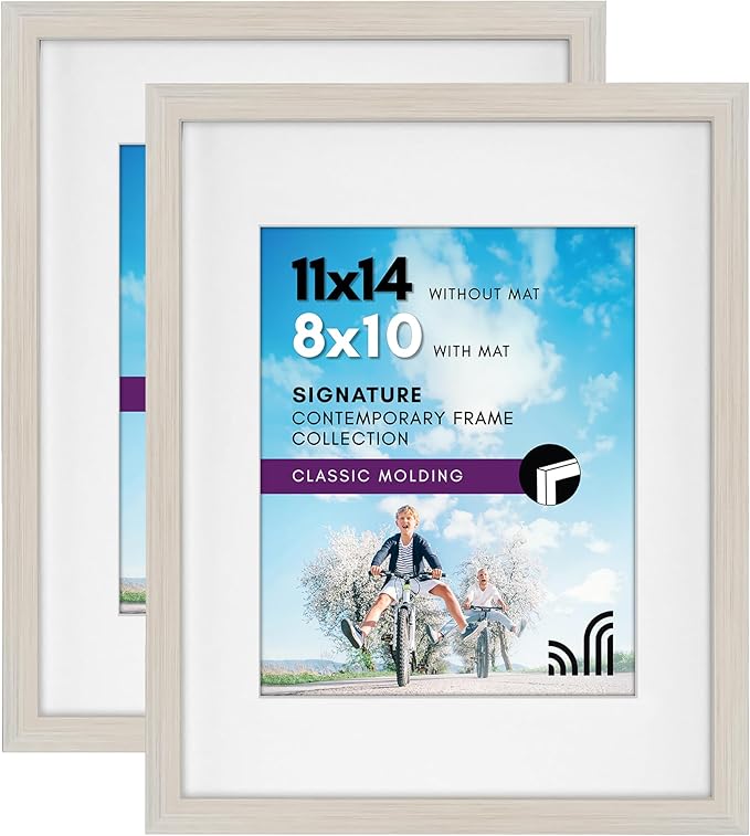 Americanflat 11x14 Picture Frame with Shatter-Resistant Glass - Set of 2 - Use as 8x10 Frame with Mat or Display 11x14 Photo Without Mat - Signature Collection - Picture Frames for Wall - Light Wood