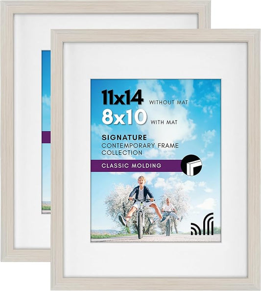Americanflat 11x14 Picture Frame with Shatter-Resistant Glass - Set of 2 - Use as 8x10 Frame with Mat or Display 11x14 Photo Without Mat - Signature Collection - Picture Frames for Wall - Light Wood