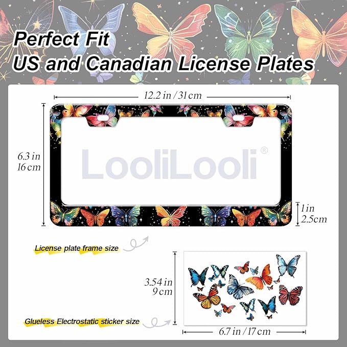 2pcs Hand Drawn Colorful Butterflies License Plate Frame for Women, Designer Red Blue Butterfly car tag Frames Girly for Vehicle with Non Adhesive Electrostatic Sticker