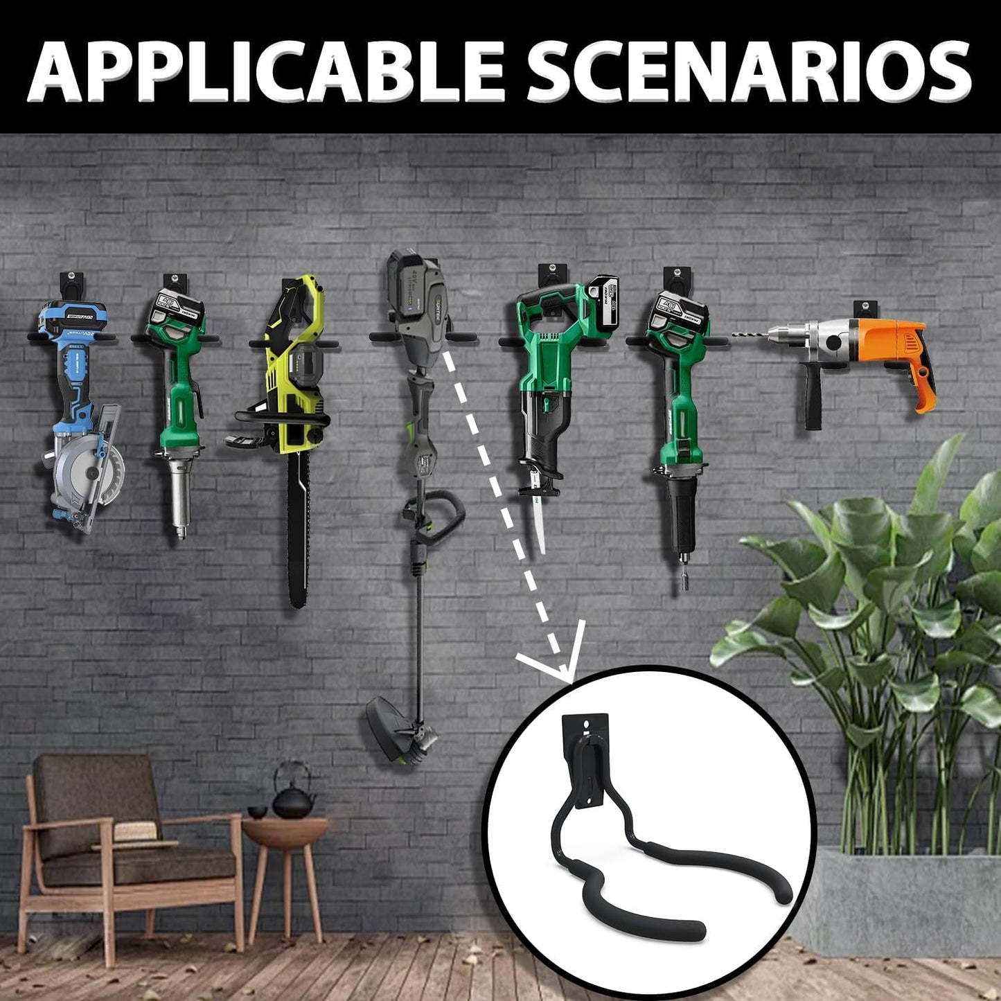 3-H Weed Eater Hanger 1 Pack,1 Large Garage Wall Hooks,1 Extension Strap,Utility Weedeater Rack,Tool Hangers for Organizing and Hanging Weed Wacker,Leaf Blower,String Trimmer,Power Tool in Garden