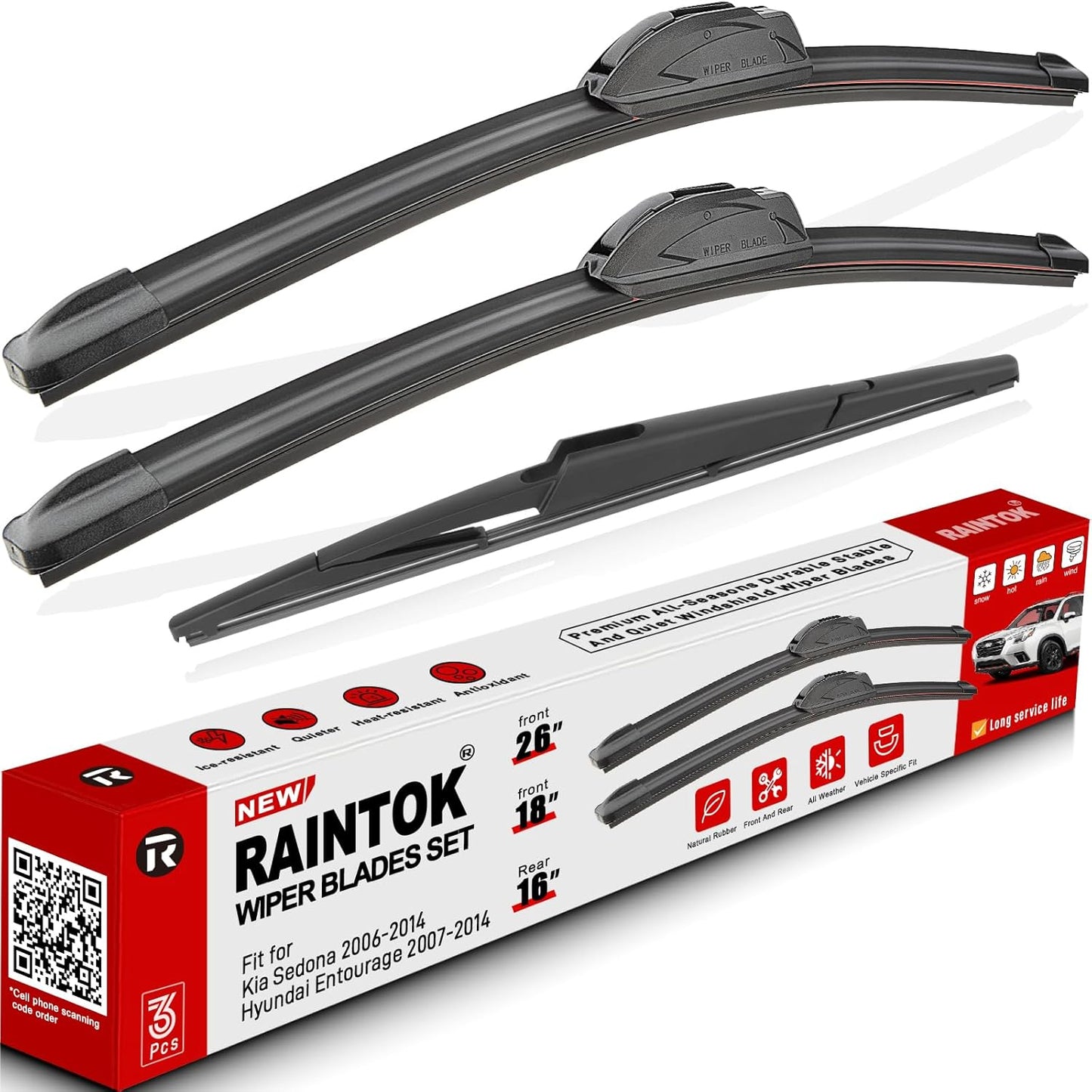 Windshield Wiper Blades Replacement for 2006-2014 Kia Sedona / 2007-2014 Hyundai Entourage Original Factory Quality Front Rear Wipers Blade Set for My Car - 26" 18" 16" (Pack of 3)