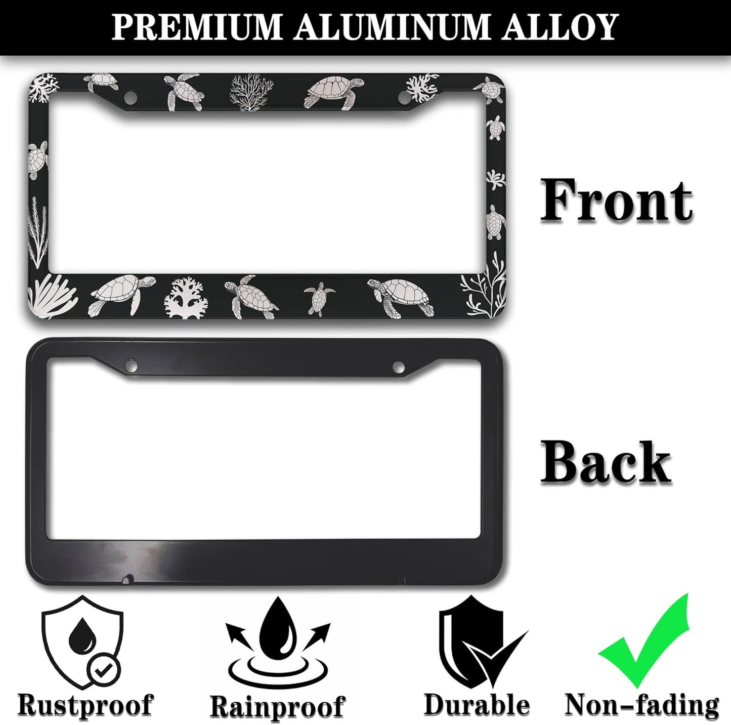 Automotive Exterior Accessories Black and White License Plate Frames Turtle Aluminum Metal Car Accessory 2 Pack with Screw Covers Set