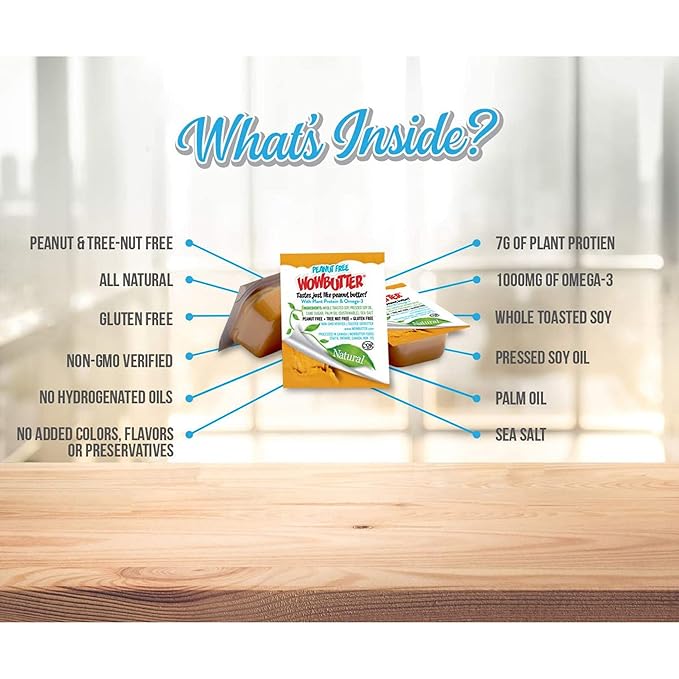 WOWBUTTER - Creamy Peanut & Tree Nut Free Spread - 175 Cups - 0.56oz each - Made With Whole Toasted Soy - All Natural Ingredients - Safe for School - Vegan Plant Protein Food - Gluten Free & Non-GMO