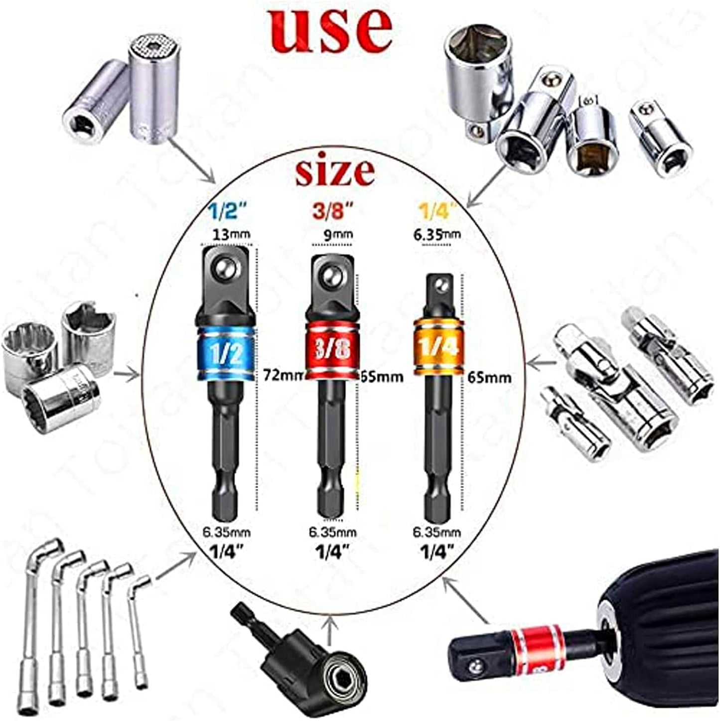 Impact Grade Socket Adapter Set - 3 Pcs Extension Drill Bit Socket Wrench Adapter for Impact Driver 1/4 3/8 1/2" Drive, 105 Degree Right Angle Drill Attachment for Household Workplace Industry