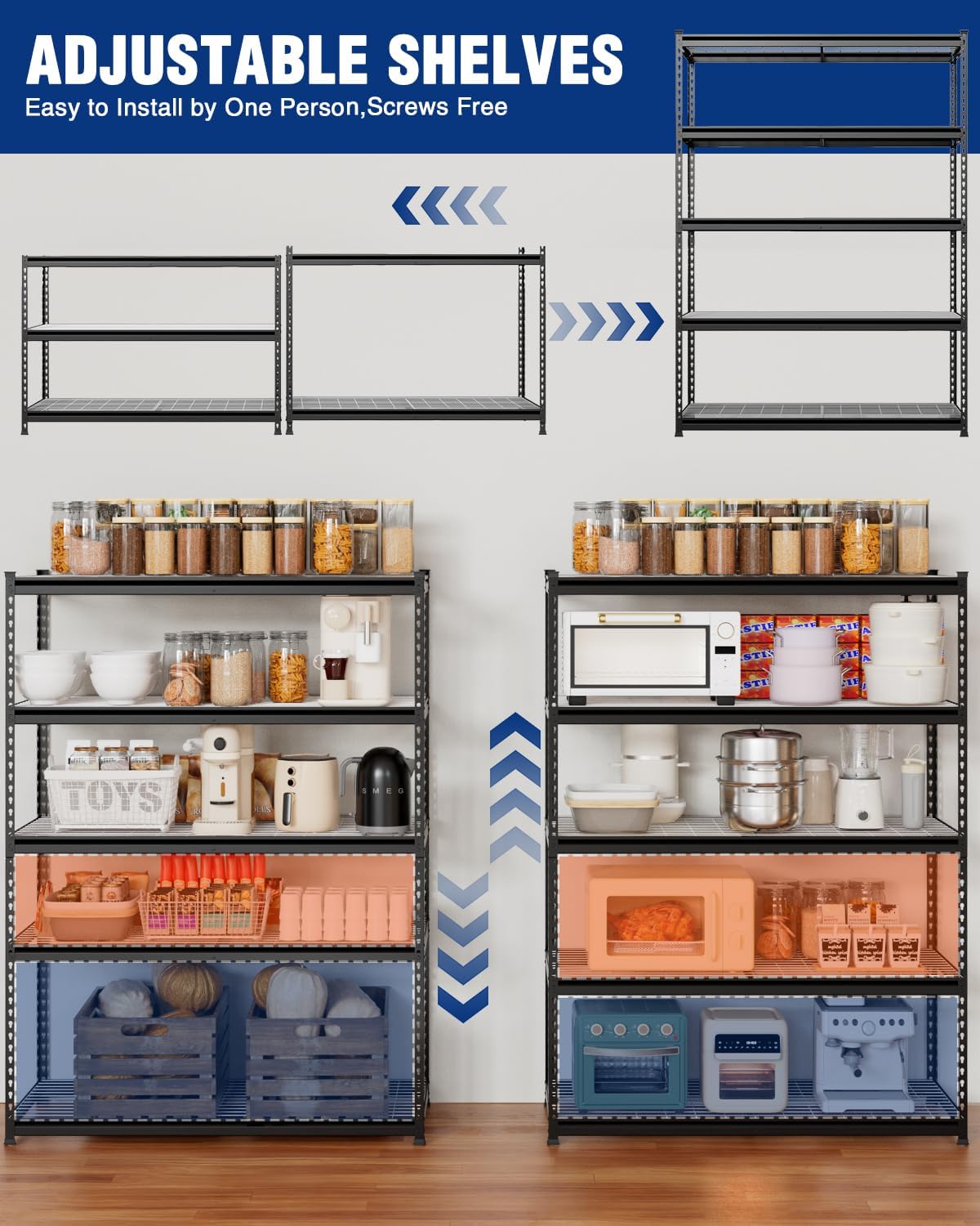 WORKPRO 5-Tier Heavy Duty Metal Shelving Unit, 72”H x 48”W x 24”D, Adjustable Storage Rack with 4000 lbs Capacity, for Garage, Basement, Workshop, Warehouse