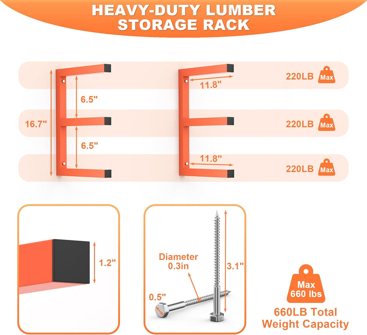 Ultrawall Lumber Storage Rack Wall Mount Wood Storage Racks, Metal Wood Organizer Racks for Shed, Workshop, Garage, Holds Up 220 LBS Per Level (Pack of 4, Orange)