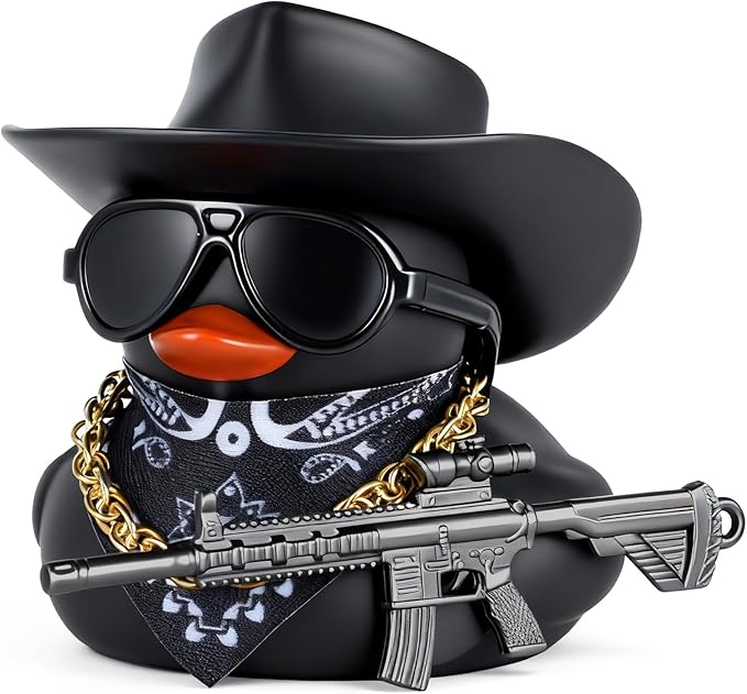 BOZILY Black Cowboy Cool Rubber Duck Car Dashboard Decoration with Hat, Sunglasses, Bandana, Necklace, Gun Model& Adhesive Tapes - for Car Accessories