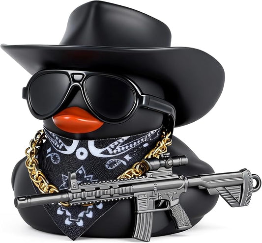 BOZILY Black Cowboy Cool Rubber Duck Car Dashboard Decoration with Hat, Sunglasses, Bandana, Necklace, Gun Model& Adhesive Tapes - for Car Accessories
