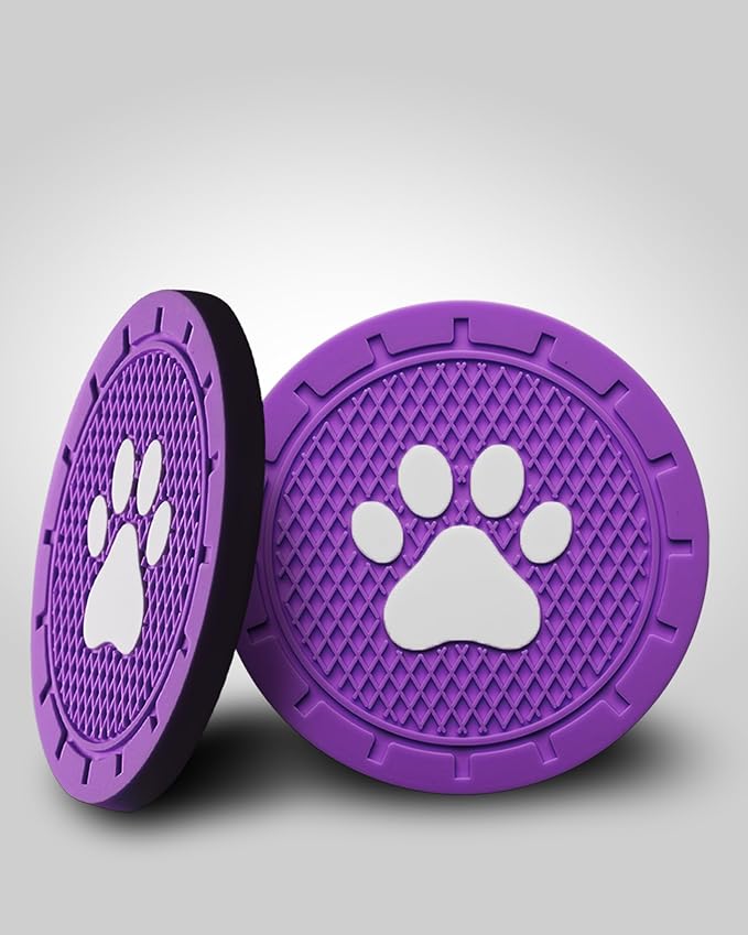 4 Pack Car Cup Coasters, Universal Dog Paw Print Non-Slip Silicone Cup Holder Inserts, Car Interior Accessories, Purple