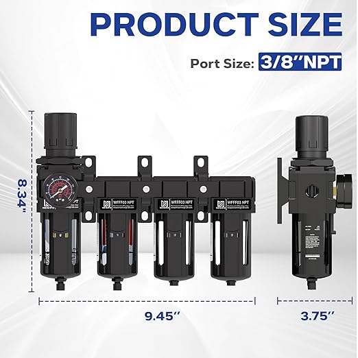 NEWPO 3/8" NPT 4 Stage Air Drying System,Particulate Filter, Coalescing Filter,Double Desiccant Dryers & Air Regulator,Semi-Auto Drain (Black)