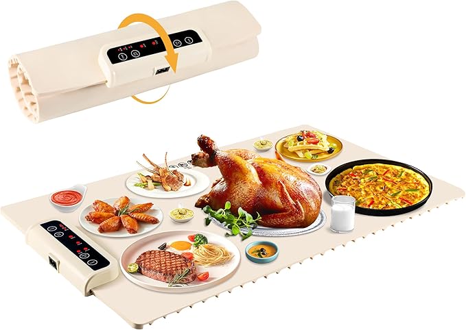 Food Warming Mat- Foldable Warming Mat for Food with Adjustable Temperature Control Time Moders Locking Function Electric Warming Tray for Parties,Home,Travel,Buffet Beige