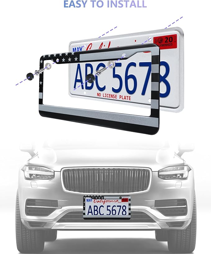 BGGTMO American Flag License Plate Frames- Black Stainless Steel Car Tag Holder Printed with USA Flag Pattern, 2 Hole 2 Pack with Screws Caps Decals for Front Rear