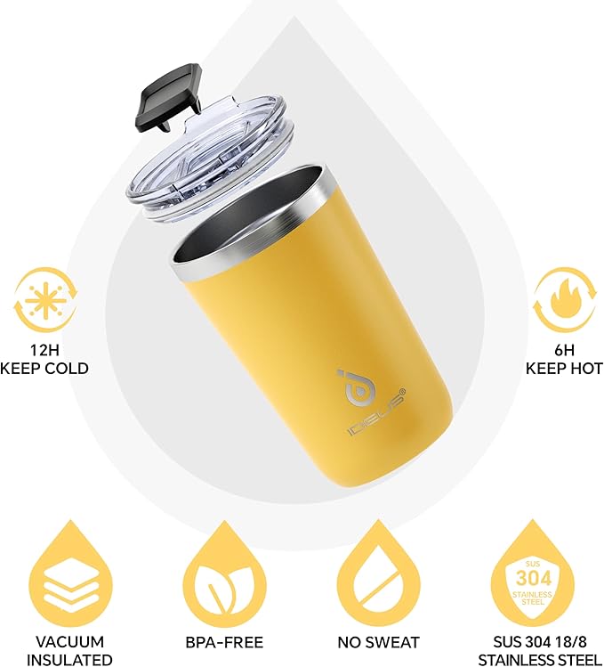 Ideus 20 oz Tumbler, Travel Coffee Mug with Splash Proof Sliding Lid, Double Wall Stainless Steel Vacuum Insulated Coffee Mug for Home and Office, Keep Beverages Hot or Cold (Light Yellow)