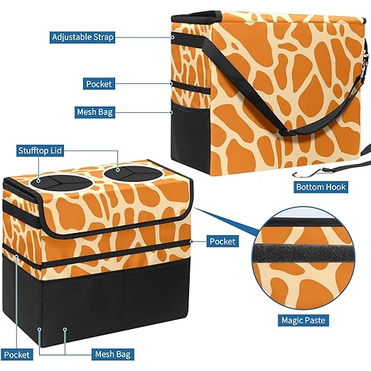 Car Trash Can Orange Giraffe Print Large Storage Garbage Can with Lid Hanging for Back Seat Leakproof Automotive Vehicle Trash Bin