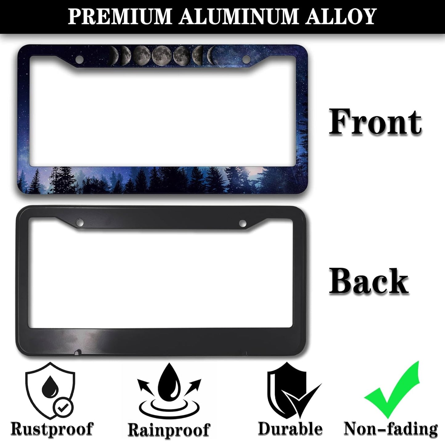 License Plate Frame Multicolor License Plate Cover Forest Starry Night Moon Phase Universal Aluminum Car Accessory 2 Pack with Screw Covers Set