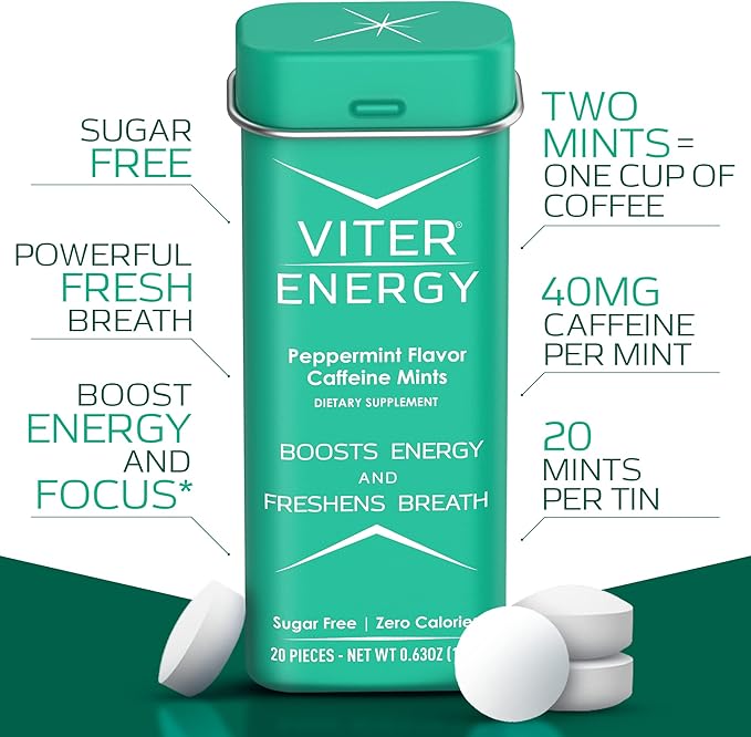 Viter Energy 40mg Caffeine Mints - Sugar Free, B Vitamins, Vegan, Boosts Fast Energized Alert Focus, Caffeinated Nootropic Supplement Pills (Peppermint Flavor, 20pcs, 6 Pack, 120pcs Total)