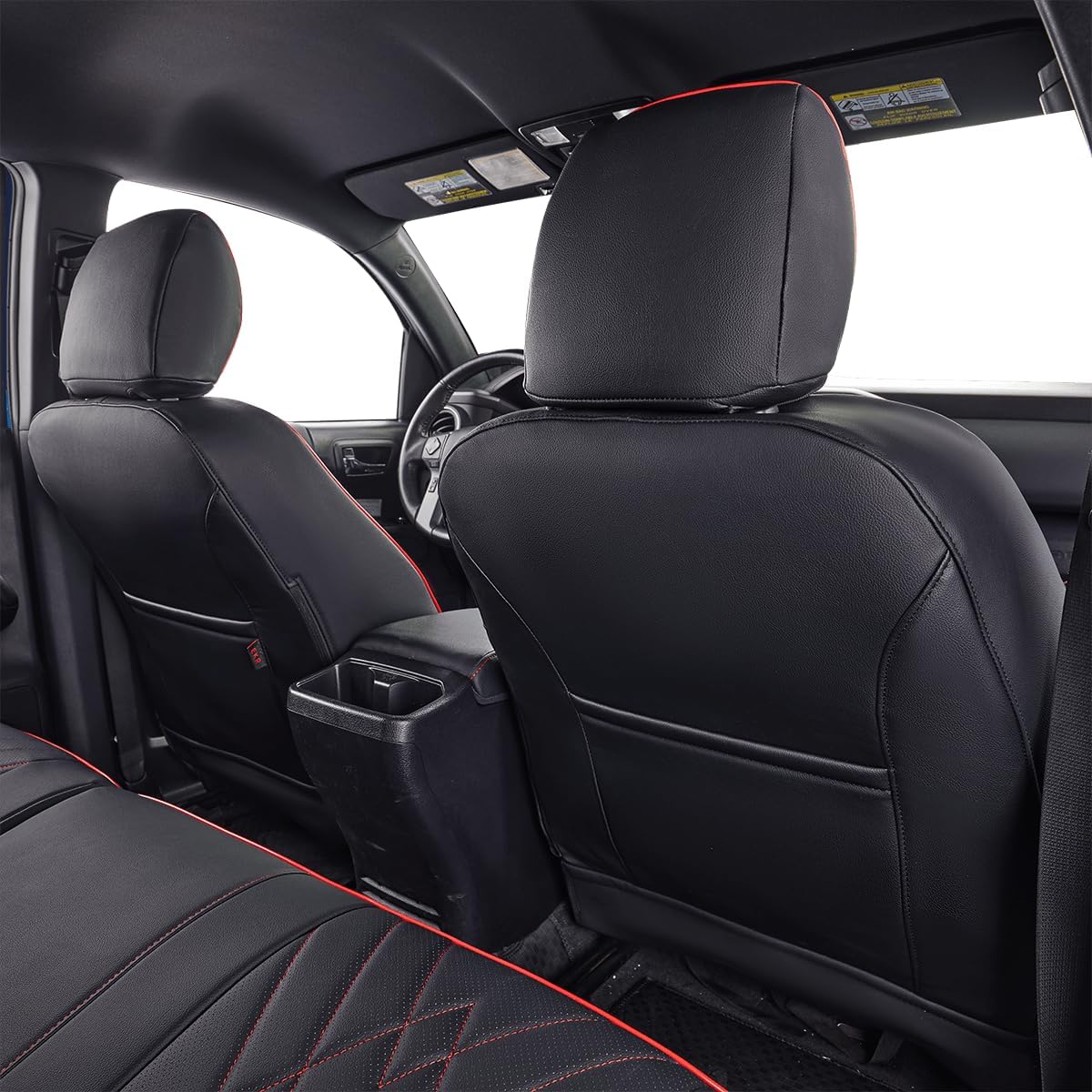 EKR Tacoma Back Seat Covers Custom for Select Toyota Tacoma (Hybrid) 2024 2025 Double cab TRD Sport,TRD Off-Road,Limited,Trailhunter- Second Row Only,Leather (Black with Red Trim)