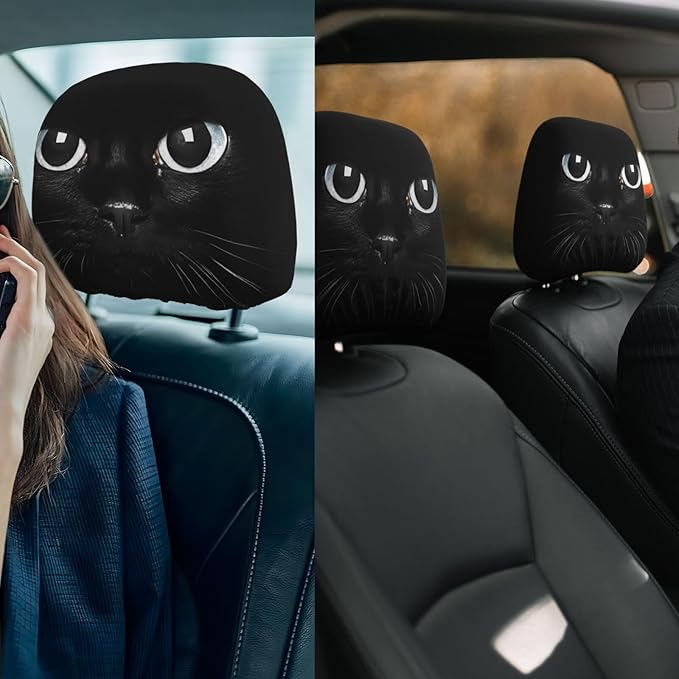 Dujiea 2 Pack Black Cat Car Headrest Covers, Universal Soft Car Seat Head Rest Protector, Vehicle Accessories Fabric Headrest Cover for Cars Vans Trucks