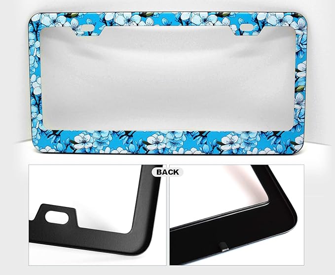 2pcs Blue White Cherry Blossom License Plate Frame for Women, Cyan Sakura Car Tag Frames Girly for Vehicle with Non Adhesive Electrostatic Sticker
