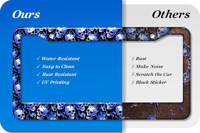2PCS Blue Skull Fire Pattern License Plate Frames for Men Women - Universal Aluminum Stainless Steel Personalized Car Tag Covers Holder with Screws, Caps, Rattle Proof Pads and Handlebar Stickers