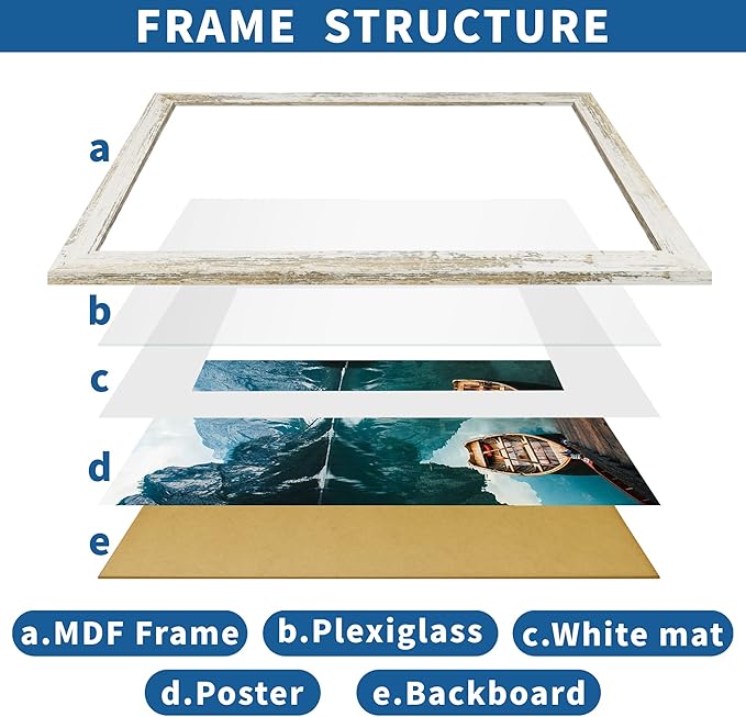 12x18 Frame Set of 2, Distressed White Wood Style, Display 12 x 18 Poster without Mat or 8.5x11 Picture with Mat, Wall Mounting Horizontal and Vertical