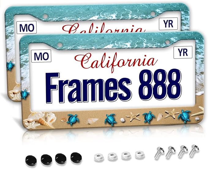Sea Turtle License Plate Frame,Sea Turtle License Plate Frame for Women, Decorative Car Tag Frames Car Accessories Aluminum Metal Holder Cover 2 Holes 2 PCS Set for Women