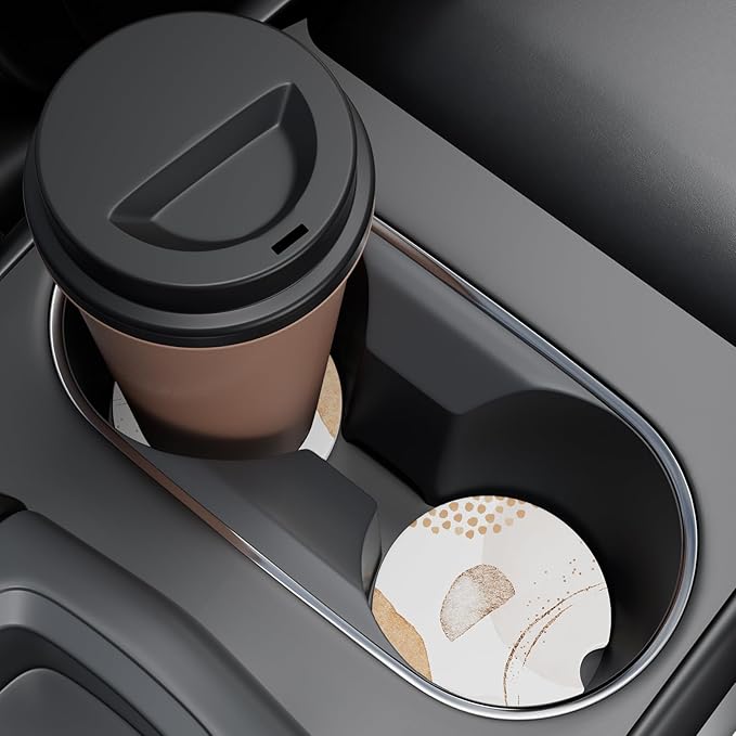 Car Cup Holder Coaster, Car Coasters for Cup Holders, 2 Pack Universal Anti Slip Insert Absorbent Ceramic Auto Interior Accessories with A Finger Notch & Cork Base, Modern Art