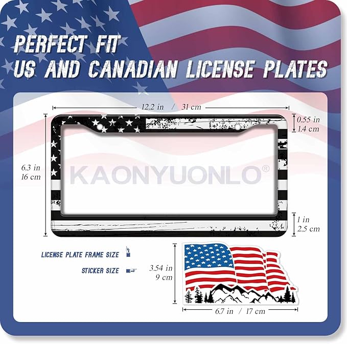 1PCS Black American Flag License Plate Frame Holder - USA Stars and Stripes Auto Universal Aluminum Matte Car Tag Holder Covers with Sticker & Screws for Men